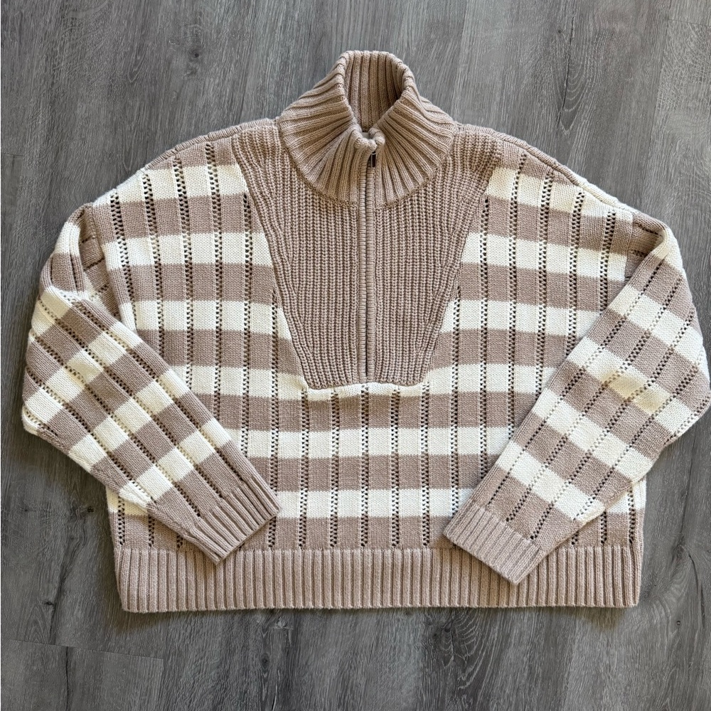 A New Day Beige and White Striped Quarter-Zip Sweater | Size XL